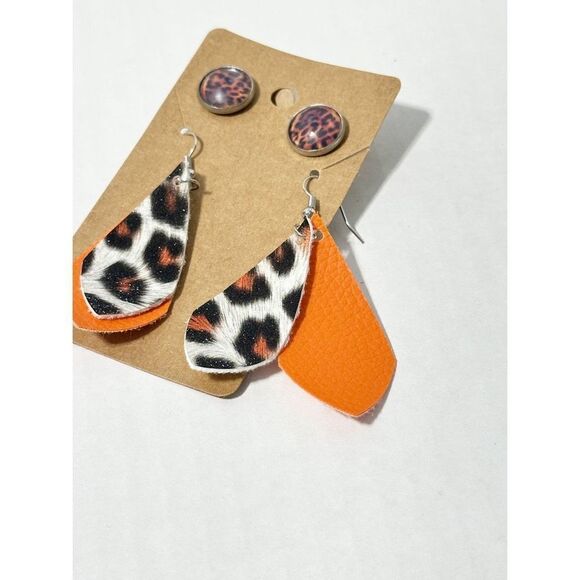 Leopard Print Vegan Leather Dangle & Leopard Stud Earrings Orange 2 Pairs Set - Picture 4 of 7